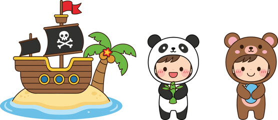 Obraz premium Cute pirate island ship and kids wearing animal costumes flat vector illustration for adventure kids design