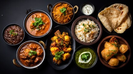 Assorted indian food on black background.
