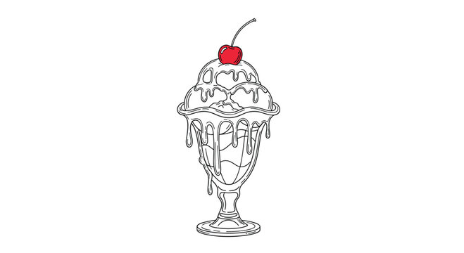 A detailed black and white line art illustration of an ice cream sundae in a glass, topped with syrup and a single cherry on a white background.