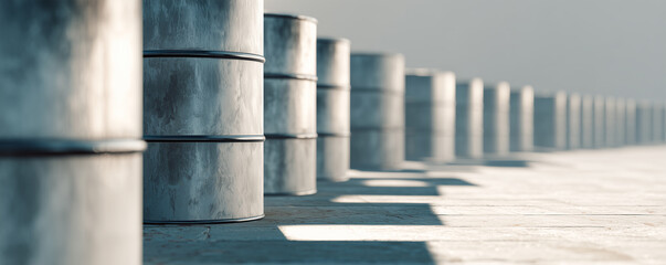 Industrial drums arranged in a line with some blurred edges and clear geometric shapes in the background