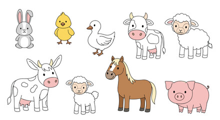 Fototapeta premium A charming collection of cute cartoon farm animals, including a cow, sheep, horse, and pig, with some versions outlined for coloring activities.