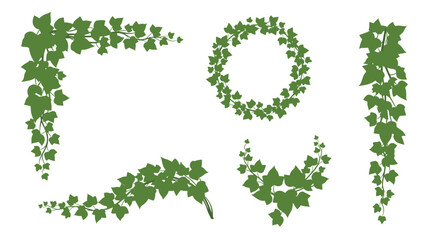 A set of green ivy vine silhouettes in various arrangements, including a corner piece, a wreath, and hanging branches, for decorative floral design.