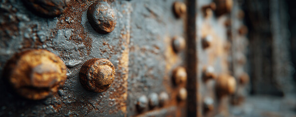 Industrial wall features complex rivets with blurred scrap metal near lens captured in a close-up shot