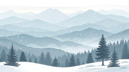 Snowy Mountain Winter Landscape Pine Trees Misty Peaks Illustration winter, snow, mountains, landscape, snowy, pines, fir, trees, forest, peaks, misty, foggy, layers, blue, serene, peaceful, nature