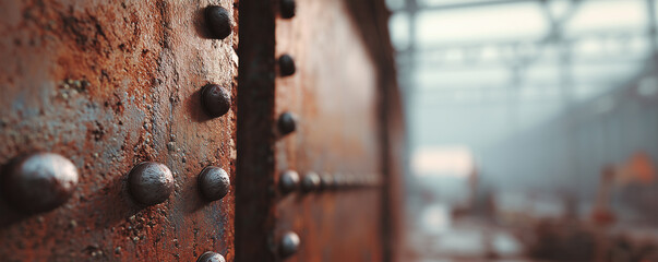 Industrial wall with complex rivets and blurred scrap metal in a workshop setting