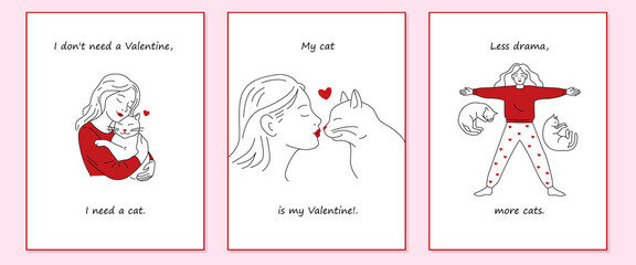 Valentine's Day illustrations with a girl and a cat. Funny anti-Valentine's quotes in line art style.