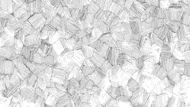 Tessellated mosaic pattern composed of irregular polygonal shapes rendered with hand-drawn hatching creating a textured, organic, and visually complex surface