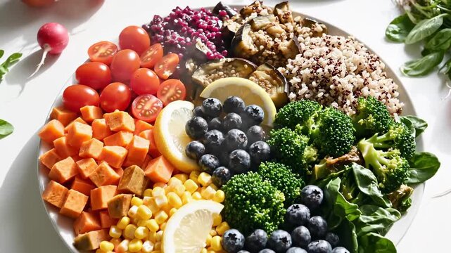 Nutritious Rainbow Bowl With Quinoa Tomatoes Broccoli And Sweet Potatoes For Healthy Eating