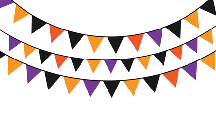 Fototapeta premium Three festive garlands of Halloween party bunting with orange, black, and purple triangular flags hanging on a white background.
