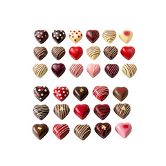 Assorted heart-shaped chocolates isolated on transparent background, isolated on white background, illustration