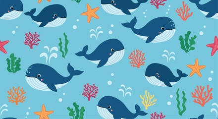 Vibrant seamless underwater pattern with cute blue whales, starfish, and colorful coral, perfect for children's decor and textiles.