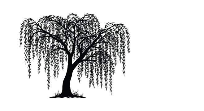 Elegant black silhouette of a graceful weeping willow tree with drooping branches, isolated on a clean white background for design.