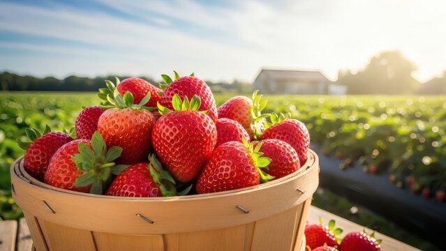 Fresh strawberries in a wooden basket on a farm perfect for Fabulous Florida Strawberry Month