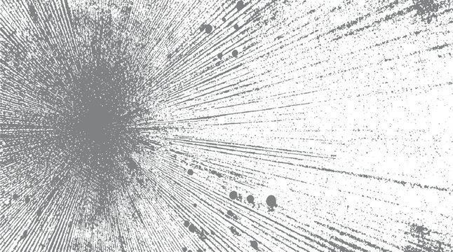 Radial abstract pattern with sharp lines and scattered dots emanating from a central point creating a burst or explosion effect in grayscale