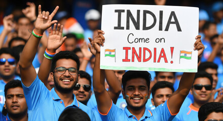 Passionate Indian Sports Fans Cheering with "Come on INDIA!" Sign