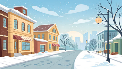 Winter City Street Snow Falling Urban Snowy Town Illustration snow, winter, city, street, urban, snowy, town, snowfall, snowing, downtown, avenue, buildings, shops, storefronts, cafes, boulevard