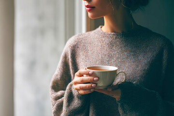 woman holding cup of tea near window, winter light, cozy atmosphere, self love concept, calm mood, minimal interior