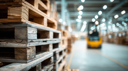 Wooden pallets stacked in a bright warehouse with a blurred forklift in the background during daylight hours
