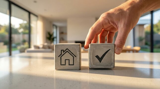 Hand placing house and check mark concrete blocks on table,representing homeownership,real estate decision making,approval or mortgage validation