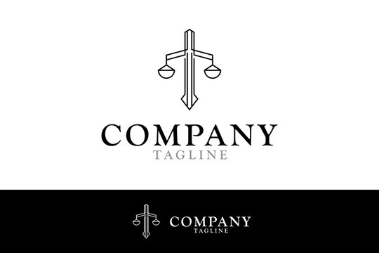 law logo,minimalist scales and sword combination logo design vector with line style in black color