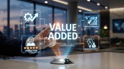 Businessman pointing at holographic interface displaying value added services icons,highlighting innovation,efficiency,market growth and customer focus
