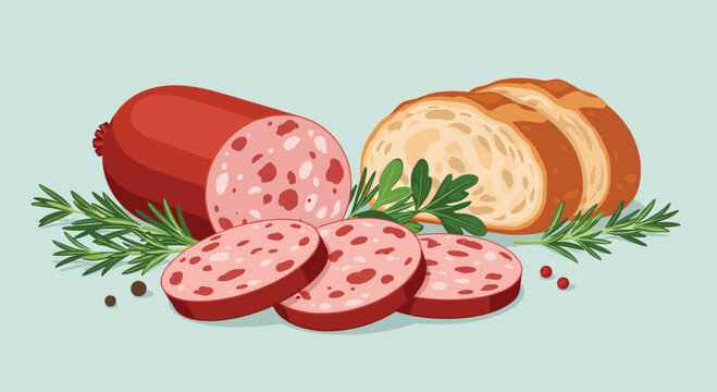 Delicious deli meat appetizer featuring sliced salami sausage served with fresh crusty bread and sprigs of green rosemary.