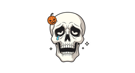 Humorous cartoon illustration of a sad crying skull wearing a tiny orange jack-o-lantern on its head with decorative stars around it.