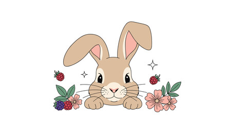 Fototapeta premium Adorable cartoon rabbit peeking over a white edge surrounded by beautiful pink flowers and delicious blackberries and raspberries.