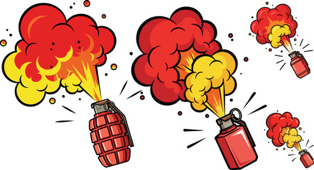 Set of 5 cartoon red smoke grenades and explosions vector © Design