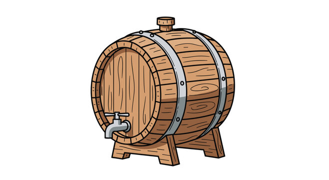 Traditional wooden barrel for wine or beer resting on a small stand with a silver metal tap on its front side.