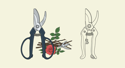 Professional pruning shears illustrated alongside rose flower and cut branches with line art version for garden tool.