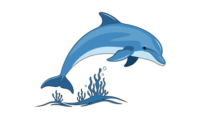 Fototapeta premium Happy blue dolphin jumping gracefully over ocean seaweed and coral reef elements isolated on a plain white background.