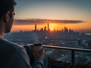 Obraz premium Man enjoying coffee on a balcony at sunrise.