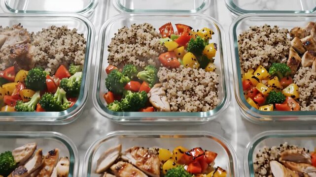 Meal Prep Bowls Featuring Quinoa Chicken and Colorful Mixed Vegetables, Healthy Prepared Food
