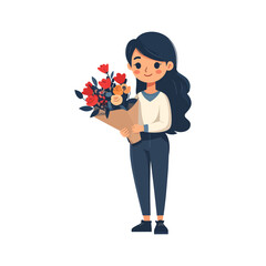 Joyful Young Woman with Long Dark Hair Holding a Colorful Flower Bouquet