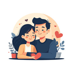 Happy Cartoon Couple Embracing and Holding a Red Heart, Surrounded by Plants