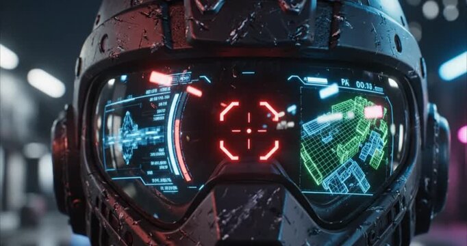 Cyber Soldier HUD: Extreme close-up of a futuristic military helmet visor

