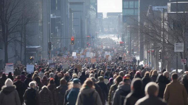 Massive crowd of people marching down a city street holding signs during a protest