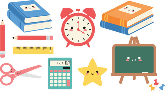 Cute school supplies set with smiling faces flat vector illustration for kids education learning concept design