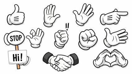 Comprehensive Collection of Cartoon Hand Gestures and Communication Signs on Light Blue Background