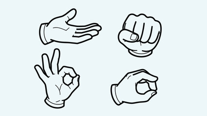 Fototapeta premium Collection of Cartoon Hand Gestures Showing OK Sign, Fist, and Waving on Light Blue Background
