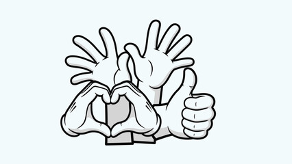 Fototapeta premium Diverse Cartoon Hands Gesturing Heart Shape, Thumbs Up and Waving on Light Blue Background