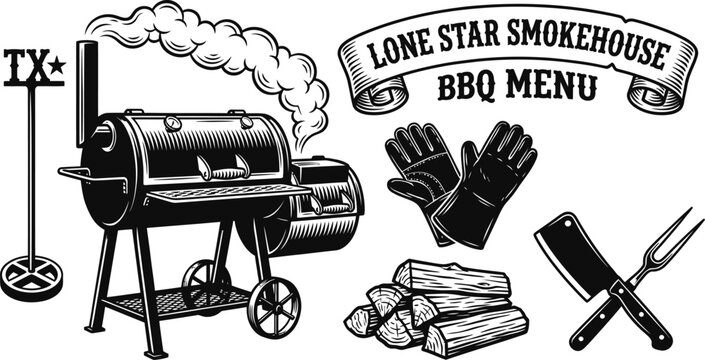 Barbecue smokehouse menu design elements and icons vector set