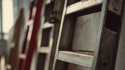 Industrial ladders stacked against a wall with blurred focus on the front rung during working hours in a warehouse setting