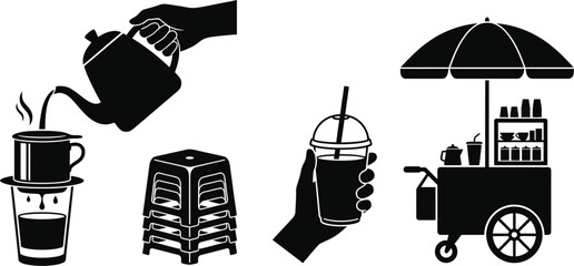Vietnamese coffee culture icons with traditional drip filters and stools
