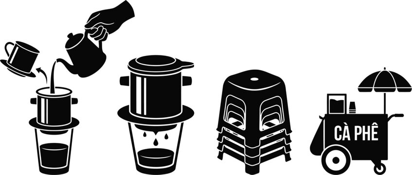 Vietnamese coffee culture icons with traditional drip filters and stools