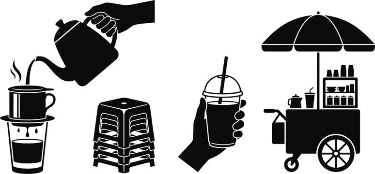 Vietnamese coffee culture icons with traditional drip filters and stools