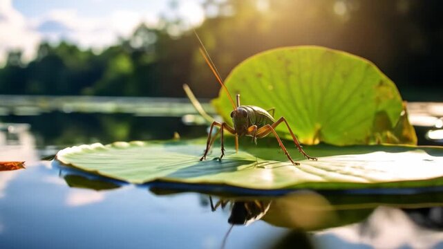 Cricket resting on lily pad floating on water illuminated by sunlight
