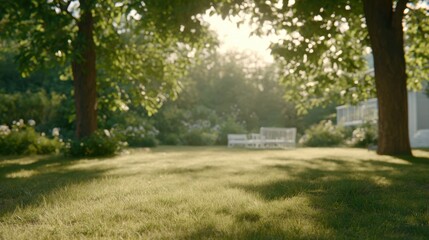 Fototapeta premium A serene garden scene with lush grass, gentle sunlight filtering through trees, and a tranquil seating area in the background.