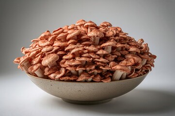 Vibrant red oyster mushrooms fill bowl with rich texture and warm natural lighting